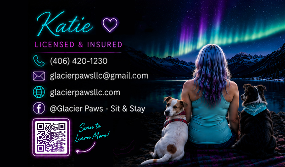 Glacier Paws pet sitter with dogs under northern lights